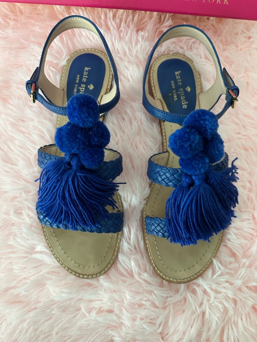 kate spade cobalt blue pom-pom braided tassel sandals